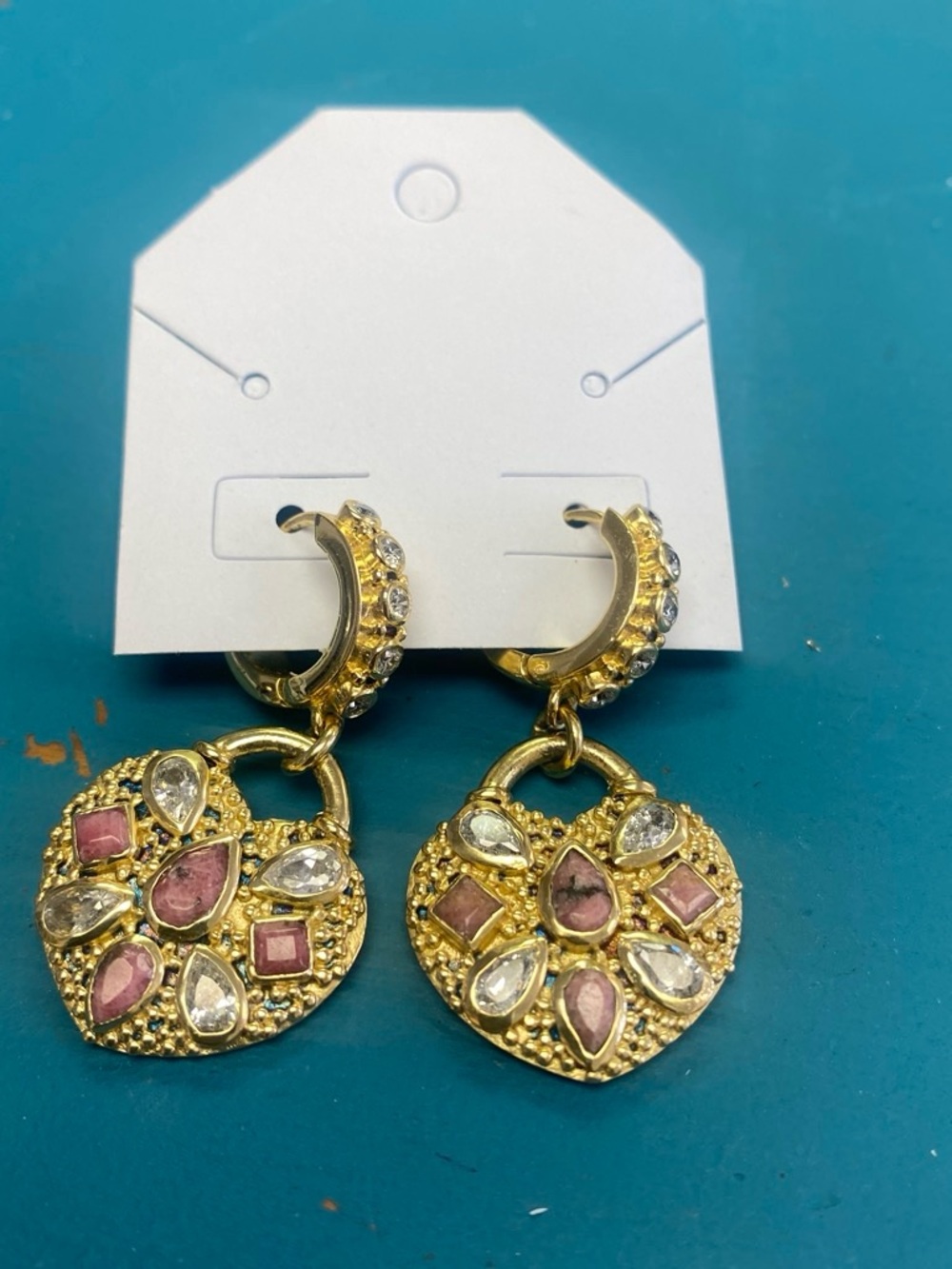 Sole Society Gold Heart Drop Earrings with Pink and Clear Stones